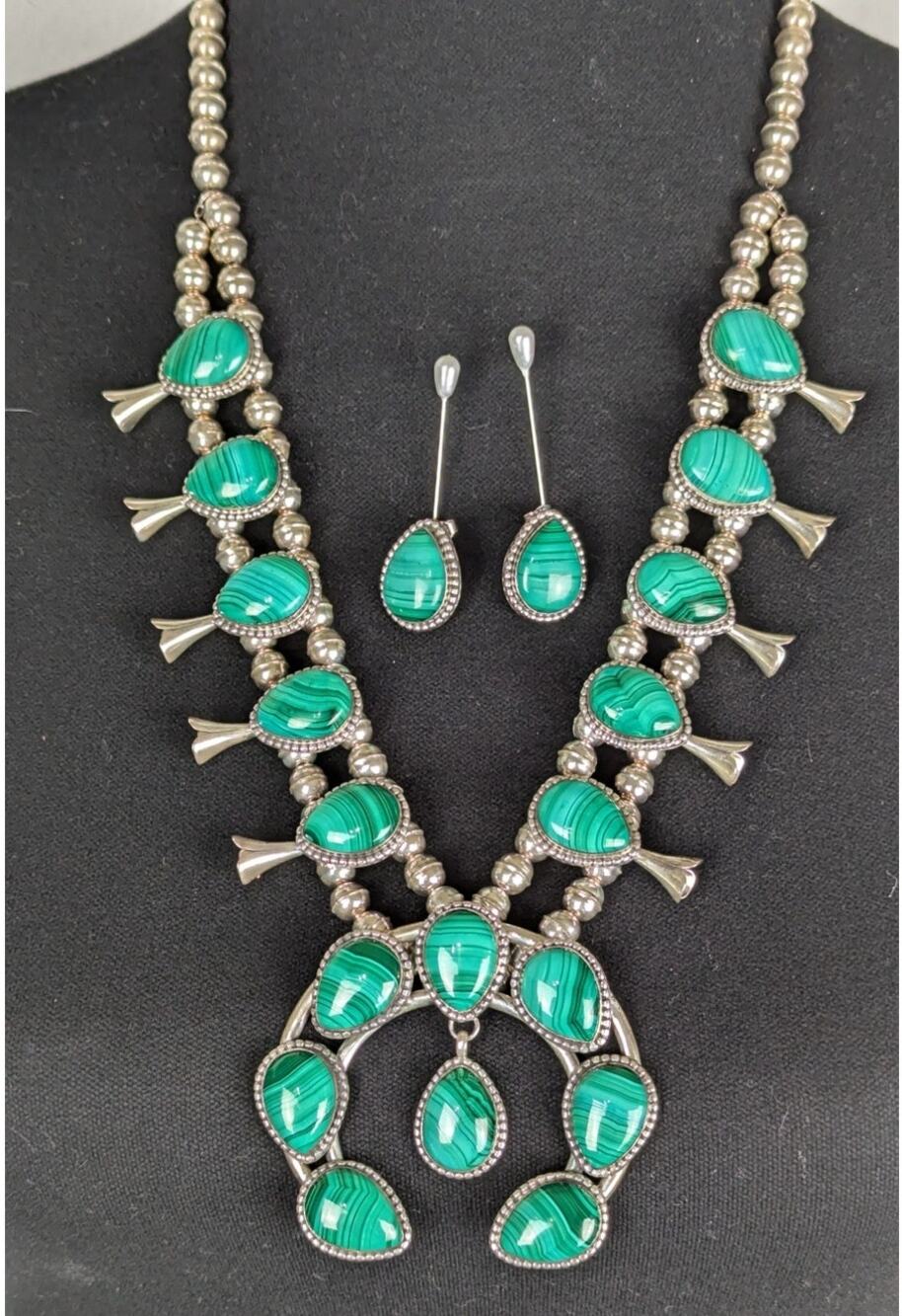 Kathleen Chavez Navajo Sterling Silver Malachite Squash Blossom Necklace + EUC